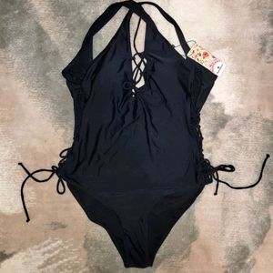 Black lace up one peice bathing suit